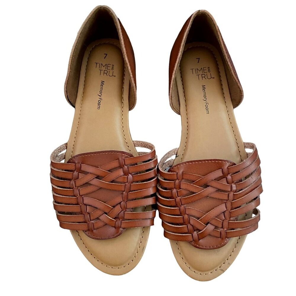 Time and Tru Herarche Sandals Women's Size 7 Brown Memory Foam Flat Shoes NWOT